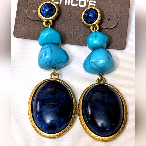 NEW Chicos Gold Turquoise & Blue Lapis Dangle Pierced Earrings - Picture 7 of 10